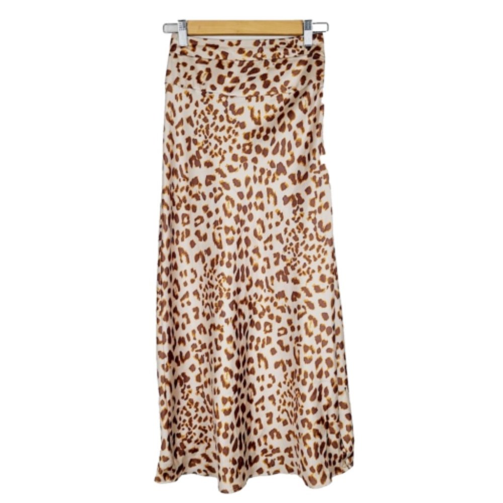Free People Slip Skirt 0 Brown Animal Print Silky High-Rise Pencil Straight Midi